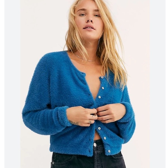 Free People One Allegra Cardi Teal Blue Size XS Oversized Slouchy Soft Fuzzy - Picture 1 of 8